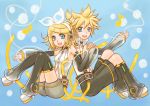  aqua_eyes back_to_back blonde_hair choker detached_sleeves hair_bow hairclip headphones highres holding_hands kagamine_len kagamine_len_(append) kagamine_rin kagamine_rin_(append) leg_warmers len_append musical_note nail_polish navel navel_cutout open_mouth popped_collar rin_append see_through short_hair shorts vocaloid vocaloid_append 