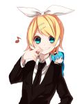  aqua_eyes bad_id blonde_hair blue_hair blush chibi cigarette formal hair_ornament hair_ribbon hairclip hatsune_miku headphones kagamine_rin long_hair minigirl multiple_girls necktie ribbon short_hair smile sopracciglio suit twintails very_long_hair vocaloid 