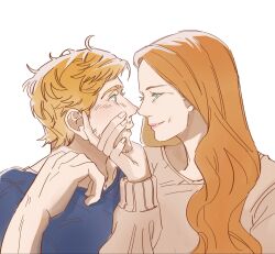  1boy 1girl beard_stubble blonde_hair blush brown_hair casual eva_stratt facial_hair highres looking_at_another messy_hair project_hail_mary ryland_grace soncherry09 stubble 