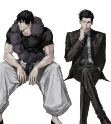  2boys baggy_pants belt black_belt black_hair black_jacket black_pants cigarette closed_mouth collared_shirt compression_shirt crossed_arms dress_shirt dress_shoes fingernails fushiguro_toji hand_in_pocket highres inventory_curse_(jujutsu_kaisen) invisible_chair jacket jujutsu_kaisen looking_at_viewer looking_to_the_side male_focus multiple_boys muscular muscular_male necktie pants scar scar_on_face scar_on_mouth shirt shiu_kong short_hair simple_background sitting smoking sso_s suit_jacket suit_pants veins veiny_arms white_background white_pants white_shirt 