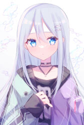  1girl aqua_cardigan arm_at_side black_choker black_hood black_shirt blue_eyes blue_hair bokutachi_no_seizon_tousou_(project_sekai) cardigan choker closed_mouth commentary_request dot_nose double-parted_bangs expressionless film_grain flat_chest hair_behind_ear hair_between_eyes hair_ornament hand_on_own_chest hand_up highres hood hood_down hooded_cardigan inverted_eyelashes jewelry light_frown light_particles long_hair long_sleeves looking_at_viewer necklace official_alternate_costume open_cardigan open_clothes paw_print pocket project_sekai puffy_long_sleeves puffy_sleeves purple_cardigan shirt sidelighting sidelocks simple_background sleeves_past_wrists solo sparkling_eyes straight-on straight_hair tsukizuumi upper_body very_long_hair white_background yoisaki_kanade 