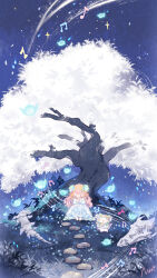  1girl ^_^ animal animal_skeleton animal_skull aqua_cloak artist_request blue_dress blue_flower bush cat chibi circlet cloak closed_eyes clothed_animal dragon dress ear_covers earrings eureka_(infinity_nikki) flower frilled_cloak frilled_dress frilled_sleeves frills gold_circlet gown grass hair_flower hair_ornament happy highres hill hood hood_up hooded_cloak infinity_nikki instrument jewelry light_particles long_dress long_hair long_sleeves momo_(nikki) music musical_note musical_staff night nikki_(nikki) nikki_(series) ocarina official_alternate_costume official_art outdoors pink_hair playing_instrument puffy_long_sleeves puffy_sleeves rock second-party_source singing slumber_by_blossoms_(infinity_nikki) sphere_earrings tree very_long_hair wavy_hair white_cat wide_shot x_navel 