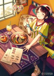  1girl ^_^ akagi_shun baseball_cap black_hair brown_hair closed_eyes commentary_request copyright_notice eating food hand_up hat holding holding_spoon hololive indoors lowres megaphone menu official_art oozora_subaru oozora_subaru_(1st_costume) red_hat restaurant shirt shoes short_hair shorts sideways_hat sitting smile sneakers solo spoon stopwatch stopwatch_around_neck striped_clothes striped_shirt sweatband swept_bangs t-shirt thigh-highs two-tone_headwear two-tone_shirt vertical-striped_clothes vertical-striped_shirt virtual_youtuber whistle whistle_around_neck white_hat white_shirt white_shoes white_shorts white_thighhighs yellow_shirt 
