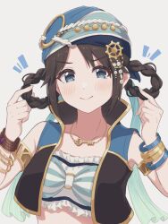  1girl :> armlet bandana bare_shoulders black_hair blue_eyes blush bracelet braid braided_hair_rings breasts commentary_request gear_hair_ornament gold_trim hair_ornament hair_rings highres holding_own_hair idolmaster idolmaster_shiny_colors jewelry key key_necklace mitsumine_yuika necklace official_alternate_costume open_clothes open_vest pippo_(pippo314) pirate_costume simple_background small_breasts solo twin_braids vest 