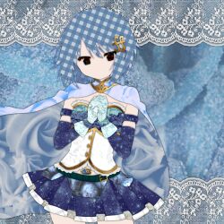  1girl absurdres bare_shoulders belt belt_buckle black_eyes blue_belt blue_cape blue_gem blue_gloves blue_hair blue_shirt blue_skirt blue_sleeves blue_theme buckle buttons cape clothing_cutout collage_(medium) collared_cape cowboy_shot dessert detached_sleeves diamond_button english_commentary expressionless floating_cape food food-themed_background food-themed_clothes fortissimo frilled_shirt frills gem gloves gold_buckle gold_buttons hair_between_eyes hair_ornament hairclip high_collar highres jewelry lace_background long_sleeves looking_at_viewer magical_girl mahou_shoujo_madoka_magica mahou_shoujo_madoka_magica_(anime) miki_sayaka miki_sayaka_(magical_girl) miniskirt musical_note musical_note_hair_ornament no_mouth no_nose own_hands_clasped own_hands_together paper_cutout_(medium) papercraft_(medium) pleated_skirt shirt short_hair skirt solo soul_gem standing stomach_cutout stomach_jewel strapless strapless_shirt tsurime two-tone_shirt unconventional_media white_shirt yuno-is-overit 