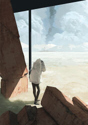  1girl absurdres black_pants boots city clouds cumulonimbus_cloud desert highres jacket kani_etizen03 original pants ruins scenery shade sky white_jacket 