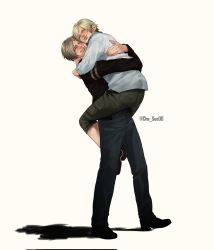  1boy 1girl arms_around_another's_back black_jacket che_sue00 check_copyright closed_eyes copyright_request full_body grin highres hug jacket leg_lock leon_s._kennedy resident_evil resident_evil:_vendetta sherry_birkin shirt smile white_shirt 