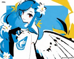  1girl angel_wings arc_system_works bird black_dress blue_background blue_eyeshadow blue_hair border braid braided_ponytail commentary_request copyright_name dizzy_(guilty_gear) dress elbow_gloves english_text eyeshadow feathered_wings feathers fingerless_gloves flower gloves guilty_gear guilty_gear_strive hair_flower hair_ornament long_hair looking_at_viewer makeup manodemarina official_art queen_dizzy red_eyes ribbon sidelocks simple_background solo swept_bangs tail tail_ornament tail_ribbon thick_eyelashes white_border wings 