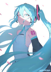  1girl aqua_eyes aqua_hair aqua_necktie bare_shoulders collared_shirt detached_sleeves double-parted_bangs falling_petals hair_between_eyes hatsune_miku headphones highres looking_at_viewer miku_day necktie niboshidrip petals shirt sideways_glance simple_background sleeveless sleeveless_shirt solo twintails upper_body vocaloid white_background 