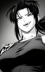  1girl absurdres bare_shoulders black_hair black_lagoon black_shirt breasts crop_top fang from_below greyscale highres looking_at_viewer medium_breasts medium_hair monochrome mostlybluewyatt parted_bangs parted_lips revy_(black_lagoon) shirt solo tattoo under_boob 