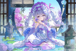 1girl apron architecture asymmetrical_legwear blue_flower bow cherry_blossoms closed_mouth dress drill_hair east_asian_architecture flower frills grey_eyes grey_hair hair_ornament heart highres holding hydrangea japanese_clothes lattice lily_pad lolita_fashion long_hair long_sleeves looking_at_viewer mismatched_legwear original petals pink_flower purple_flower ribbon round_window sample_watermark sitting smile solo striped_clothes striped_thighhighs thigh-highs twin_drills twintails violet_eyes wariza water watermark white_apron white_dress white_thighhighs wide_sleeves wind_chime window youkouzuipi 
