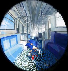  1boy animal_ears animal_nose artist_name black_border blue_fur blue_hair blue_sky border closed_mouth clouds day field fisheye flower flower_field full_body furry furry_male gloves green_eyes hand_grip hedgehog hedgehog_ears highres infmilk_bsky male_focus perspective round_border shoes sky smile sneakers socks solo sonic_(series) sonic_the_hedgehog standing tail train train_interior vanishing_point white_flower white_gloves white_socks window 