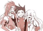  brown_hair colette_brunel cork_(the_loreley) gloves grin headband lloyd_irving long_hair monochrome red_hair redhead smile tales_of_(series) tales_of_symphonia zelos_wilder 