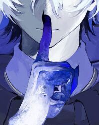  1boy blue_background blue_hair blue_hands close-up closed_mouth colored_skin cropped expressionless eyes_out_of_frame finger_to_mouth flins_(genshin_impact) genshin_impact grey_skin hazukt1 head_out_of_frame highres index_finger_raised simple_background solo white_hair 