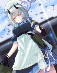  1girl apron bag black_gloves blue_archive blue_dress blush breasts closed_mouth commentary_request cowboy_shot demon_girl demon_horns dress earosoligt expressionless gloves green_bag grey_hair grey_halo halo hat highres holding holding_bag horns large_breasts medium_hair nurse_cap outdoors sena_(blue_archive) solo white_apron yellow_eyes 