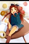  apple bag blurry boots bow depth_of_field doughnut eating fang food fruit hair_bow hinata123 knee_boots letterboxed long_hair mahou_shoujo_madoka_magica open_mouth paper_bag pastry ponytail red_eyes red_hair redhead sakura_kyouko sitting solo 
