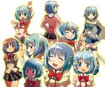  ^_^ arms_behind_back bad_id blue_eyes blue_hair blush closed_eyes expressions eyes_closed from_behind hair_ornament hairpin hand_behind_head hand_on_hip hands_on_hips hips hiroichi_(hiro13) looking_back magical_girl mahou_shoujo_madoka_magica miki_sayaka open_mouth profile school_uniform short_hair simple_background smile v victory_pose 