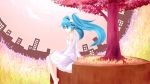 aqua_hair barefoot bow detached_sleeves dress fira fisheye hair_bow hand_on_chest hand_on_own_chest hand_to_chest hatsune_miku headphones long_hair sitting tree twintails vocaloid 