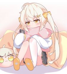  1girl ahoge animal_slippers black_skirt blush bow cellphone check_copyright child closed_mouth convenient_leg copyright_request hair_bow hair_ornament hairclip highres holding holding_phone holding_pillow hugging_object knees_up long_hair long_sleeves original phone pillow pillow_hug pleated_skirt puffy_long_sleeves puffy_sleeves shirousagi_(user_erwx7425) shoe_soles single_thighhigh sitting skirt sleeves_past_fingers sleeves_past_wrists slippers smartphone solo thigh-highs twintails very_long_hair white_thighhighs x_hair_ornament yellow_bow 