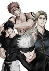  4boys animal_print arm_tattoo belt black_belt black_hair blindfold blonde_hair blue_shirt chest_tattoo closed_mouth commentary_request compression_shirt covered_abs covered_pectorals extra_eyes facial_tattoo fushiguro_toji gojo_satoru gun highres holding holding_gun holding_weapon jacket jujutsu_kaisen jujutsu_tech_uniform korean_commentary leopard_print looking_at_viewer male_focus multicolored_hair multiple_boys multiple_tattoos nanami_kento necktie pants pectorals pink_hair ryoumen_sukuna_(jujutsu_kaisen) scar scar_on_face scar_on_mouth shirt short_hair sideburns simple_background sso_s suit_jacket tattoo tongue tongue_out two-tone_hair undercut weapon white_background white_hair white_pants yellow_necktie 