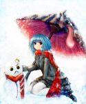  :&lt; bad_id blue_hair coat frog gohei heterochromia karakasa_obake kochiya_sanae murasaki_ch? murasaki_chou murasaki_chã¥â oriental_umbrella pantyhose scarf short_hair snake snow snowman solo tatara_kogasa tongue touhou umbrella white_legwear white_pantyhose 