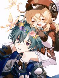  1boy 1girl 1t0d4 ahoge backpack bag black_gloves blonde_hair blue_coat blue_eyes brown_gloves brown_shoes bug butterfly carrying carrying_person closed_mouth coat commentary_request dress flower genshin_impact gloves green_hair half_gloves hands_on_another's_head hat head_wreath highres klee_(genshin_impact) light_smile lohen_(genshin_impact) multicolored_eyes open_mouth pink_eyes pink_flower pointy_ears red_dress red_hat shoes short_hair short_twintails shoulder_carry simple_background smile twintails two-tone_eyes white_background 