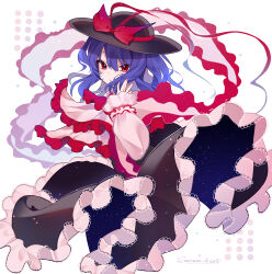  1girl absurdres black_hat black_skirt bow capelet commentary frilled_capelet frilled_shawl frilled_skirt frills hat hat_bow highres long_hair long_sleeves looking_at_viewer nagae_iku pink_nails pink_shawl pink_shirt purple_hair red_bow red_eyes samon_(vxxr8575) shawl shirt skirt solo touhou twitter_username 
