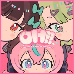  3girls absurdres album_cover angels_of_delusion aria_(zenless_zone_zero) blue_eyes bow brown_hair close-up cover dolman_(dm) green_eyes green_hair hair_bow hair_ornament hairclip highres long_hair looking_at_viewer mouth_out_of_frame multiple_girls nangong_yu pink_hair sunna_(zenless_zone_zero) zenless_zone_zero 