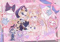  ! 2girls absurdres animal animal_ears animal_hood ann_(identity_v) arm_warmers asymmetrical_dress back_bow bare_shoulders barefoot bead_armlet black_dress blonde_hair blue_eyes bow cat cat_ears cat_hood chain chain_necklace character_request check_character chinese_commentary choker clothed_animal commentary_request cone_hair_bun crossover double_bun drawn_ears drawn_whiskers dreamtime_bestowed_(infinity_nikki) dress frilled_arm_warmers frills gold_chain hair_bow hair_bun hair_ornament hair_through_hood halo heart heart_choker heart_hair_ornament highres holding holding_animal holding_cat holding_spoon hood hood_up hooded_dress identity_v infinity_nikki jewelry large_bow light_blush lipstick long_dress long_hair makeup miemiemiemiemie momo_(nikki) multiple_girls multiple_views neck_ribbon necklace nikki_(series) official_alternate_costume open_mouth outline oversized_object parted_bangs parted_lips paw_print photo_(object) picture_frame pink_arm_warmers pink_bow pink_choker pink_dress pink_halo pink_ribbon red_lips ribbon shadow short_dress sleeveless sleeveless_dress smile sparkle speech_bubble spoken_exclamation_mark spoon sunglasses surprised teeth triangular_eyewear twintails upper_body very_long_hair wavy_hair white-framed_eyewear white_cat white_outline wrist_bow 