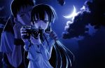  1girl absurdres black_hair blue_eyes camera choco couple hazuki hazuki_(tsukuyomi) highres hug long_hair moon morioka_kouhei night short_hair sky tsukuyomi_moonphase 