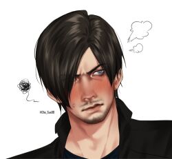  1boy averting_eyes beard_stubble black_hair black_shirt blue_eyes blush che_sue00 check_copyright collared_shirt copyright_request facial_hair flustered hair_over_one_eye highres leon_s._kennedy male_focus portrait resident_evil resident_evil:_vendetta shirt short_hair solo stubble 