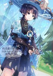  1boy anemo_symbol_(genshin_impact) armor bird black_bodysuit black_bow black_bridal_gauntlets black_eyes black_hair black_shorts blue_cape blue_gem blue_hat blue_jingasa blue_kimono blue_sky blue_sleeves blunt_ends bodysuit bow bridal_gauntlets cape choppy_bangs closed_mouth covered_collarbone dutch_angle eyeliner feathers flock from_below furisode gem genshin_impact gold gold_ring grass grey_pupils gurumin_(gurruguru) hakama hakama_shorts hat japanese_armor japanese_clothes jingasa juban kimono kote kurokote layered_sleeves looking_down makeup male_focus mandarin_collar middle_ring mountainous_horizon open_clothes open_kimono outdoors pleated_shorts pom_pom_(clothes) purple_rope red_eyeliner rope scaramouche_(genshin_impact) short_sleeves shorts side_cape sky solo tassel tree tsurime twitter_username wanderer_(genshin_impact) watermark wet wet_clothes wet_hair white_bird white_kimono white_sleeves white_trim wringing_clothes yellow_feathers 