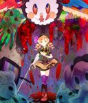  alternate_color alternate_costume beret blonde_hair blood blurry boots breasts charlotte_(madoka_magica) corset crossed_legs_(standing) depth_of_field drill_hair gun hair_ornament hairpin hand_on_own_chest hand_to_chest hat magical_girl magical_musket mahou_shoujo_madoka_magica pleated_skirt puffy_sleeves purple_legwear ribbon rifle skirt smile taut_shirt television thigh-highs thighhighs togata tomoe_mami tongue twin_drills vertical-striped_legwear vertical_stripes weapon witch's_labyrinth yellow_eyes zettai_ryouiki 
