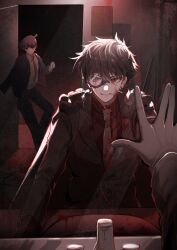  2boys absurdres avatra bathroom black_jacket black_pants black_suit blood blood_on_clothes blood_on_face cape closed_mouth commentary earrings english_commentary faucet hair_between_eyes hand_on_mirror highres jacket jewelry kaitou_kid kudou_shin'ichi long_sleeves male_focus meitantei_conan mirror monocle multiple_boys necktie pants red_eyes red_necktie red_shirt reflection shirt short_hair slit_pupils stud_earrings suit white_cape white_shirt yellow_necktie 