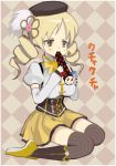  argyle_background beret blonde_hair boots charlotte_(madoka_magica) d: drill_hair fingerless_gloves gloves hair_ornament hasesese hat magical_girl mahou_shoujo_madoka_magica open_mouth puffy_sleeves role_reversal thigh-highs thighhighs tomoe_mami twintails yellow_eyes 
