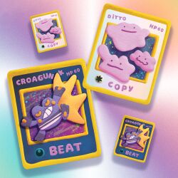  bemmpo blender_(medium) character_name colorful_background croagunk ditto frog lightning_bolt_symbol pokemon pokemon_(creature) pokemon_tcg slime_(creature) stats trading_card 