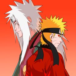  2boys blonde_hair bugak1109 commentary_request facial_mark forehead_protector highres jiraiya_(naruto) korean_commentary male_focus multiple_boys naruto_(series) naruto_shippuuden ninja sennin_mode teacher_and_student uzumaki_naruto whisker_markings white_hair 