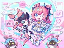  3girls aria_(zenless_zone_zero) bangboo_(zenless_zone_zero) battery_indicator black_hair blue_eyes blush bow colored_inner_hair dress embarrassed fingerless_gloves gloves green_bow green_eyes green_hair green_halo hair_bow hair_ornament halo hands_up hato_9999 heart humanoid_robot joints leg_up looking_at_viewer mechanical_hair metal_skin multicolored_hair multiple_girls nangong_yu one_eye_closed open_mouth pink_hair recording red_eyes robot robot_girl robot_joints smile speech_bubble streaked_hair sunna_(zenless_zone_zero) twintails white_dress wings zenless_zone_zero 