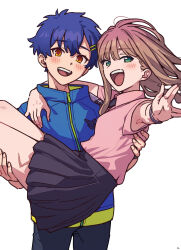  1boy 1girl absurdres asanaka_yomogi blue_hair blush brown_hair carrying commentary_request couple green_eyes gridman_universe gridman_universe_(movie) hair_ornament hairclip hetero highres jacket long_hair looking_at_viewer minami_yume mitsurugi_sugar princess_carry scar scar_on_leg shirt short_hair skirt smile yellow_eyes 