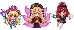  3girls absurdres american_flag american_flag_dress american_flag_legwear american_flag_print barefoot black_dress black_hat black_shirt blonde_hair chain chibi chibi_only closed_mouth clothes_writing clownpiece commentary_request crescent_print dalachi_(headdress) dress earth_(ornament) fairy_wings flag_print gold_chain hair_between_eyes hat hecatia_lapislazuli highres holding holding_torch jester_cap junko_(touhou) kukurukurukuru long_hair long_sleeves looking_at_viewer moon_(ornament) multicolored_skirt multiple_girls neck_ribbon neck_ruff off-shoulder_shirt off_shoulder open_mouth pantyhose phoenix_print polka_dot polka_dot_headwear pom_pom_(clothes) purple_hat red_eyes red_hair red_tabard ribbon shirt simple_background skirt smile star_(symbol) star_print striped_clothes striped_dress striped_pantyhose tabard torch touhou underworld_(ornament) very_long_hair white_background wide_sleeves wings yellow_ribbon 