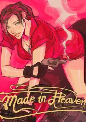  1girl black_gloves breasts brown_hair claire_redfield fingerless_gloves gloves gun handgun highres holding holding_gun holding_weapon jacket jewelry leaning_forward long_hair looking_at_viewer medium_breasts mhaikkun motor_vehicle motorcycle necklace on_motorcycle open_mouth parted_bangs pink_background ponytail red_jacket red_shorts resident_evil short_sleeves shorts smoke smoking_barrel solo swept_bangs upper_body weapon 