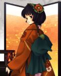  asa_no_ha_(pattern) black_eyes black_hair blush bob_cut character_request egasumi floral_print flower headdress japanese_clothes kimono lips looking_back matsuhime privacy_screen sasara_housara sengoku_taisen short_hair solo 