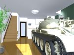  aku_to_diamond caterpillar_tracks commentary commentary_request copyright_request dining_room door house microwave military military_vehicle no_humans planter stairs surreal t-54 tank tree vehicle wood 