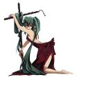  absurdres bad_feet bad_id barefoot cross dress green_hair hatsune_miku highres kneeling long_hair red_eyes simple_background solo twintails very_long_hair vocaloid 