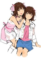  0104mq 2girls amami_haruka blue_skirt brown_hair closed_mouth collared_jacket commentary cute_&amp;_girly_(idolmaster) dress dual_persona hand_on_another's_shoulder highres idolmaster idolmaster_(classic) idolmaster_1 jacket looking_at_viewer multiple_girls official_alternate_costume open_clothes open_jacket pink_dress pink_shirt shirt short_hair simple_background sitting skirt snow_strawberry_(idolmaster) standing unamused white_background white_jacket 