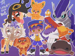  :3 :d alternate_color aqua_eyes black_eyes black_sclera brambleghast bright_pupils clodsire closed_eyes closed_mouth collared_shirt colored_eyelashes colored_sclera commentary_request dachsbun dark_skin deformed farigiraf fire fire_bird_(skeledirge) full_body hat highres legs_apart long_sleeves miraidon non-humanoid_robot nostrils open_mouth outline pawmot plaid_clothes plaid_socks pokemon pokemon_(creature) pokemon_scarlet_and_violet pokemon_team purple_background purple_hair purple_hat purple_shorts purple_socks robot school_uniform shiny_pokemon shirt shoes short_hair shorts simple_background skeledirge smile socks standing star_(symbol) t_tsudaka uva_academy_school_uniform vest white_outline white_pupils white_shirt white_shoes yellow_eyes yellow_vest 