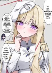  2girls black_hair blonde_hair blonde_student_council_president_(blue_archive) blue_archive blue_eyes blue_necktie closed_mouth grey_background halo hand_on_own_elbow hat highres long_hair looking_at_viewer multicolored_hair multiple_girls necktie pointy_ears really_crab red_hair red_halo rin_(blue_archive) shirt shoulder_strap simple_background speech_bubble translated two-tone_hair violet_eyes white_hat white_shirt yellow_halo 