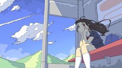  1girl bag black_hair black_skirt blue_bag blue_sky blush_stickers bow bowtie bus_stop closed_mouth clouds commentary day dot_mouth elbow_rest english_commentary feet_out_of_frame floating_hair grey_serafuku grey_shirt hand_rest highres hill kneehighs ligne_claire long_hair looking_at_viewer looking_to_the_side lunar_veggie miniskirt mountainous_horizon no_nose no_pupils on_bench original outdoors pleated_skirt red_bow red_bowtie sailor_collar school_bag school_uniform serafuku shirt short_sleeves sideways_glance sitting skirt sky socks solo white_sailor_collar white_socks 