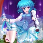  alternate_eye_color blue_eyes blue_hair geta heterochromia highres ishikkoro karakasa_obake open_mouth oriental_umbrella purple_eyes rain rainbow red_eyes short_hair smile solo tatara_kogasa tongue touhou umbrella water_drop 