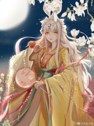  1girl animal_ears bow-shaped_hair branch brown_eyes bush cherry_blossoms chinese_commentary circlet closed_mouth commentary_request cowboy_shot double_bun faint_moon_dew_(shining_nikki) flower full_moon hagoromo hair_bun hand_fan hand_on_own_shoulder happy highres holding holding_fan light_blush lily_of_the_valley lipstick long_hair long_sidelocks long_sleeves looking_at_viewer makeup moon night nikki_(series) official_alternate_color outdoors parted_bangs pointy_nose rabbit_ears rabbit_girl red_lips red_ribbon ribbon shawl shining_nikki sidelocks smile solo standing tuanshan very_long_hair waist_ribbon watermark weibo_watermark white_flower white_hair wide_sleeves yellow_hanfu yu_ni_bao_jiao_juan_a 